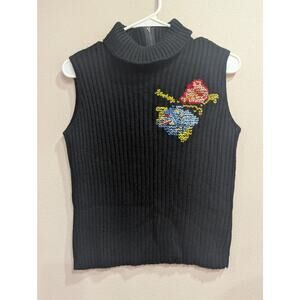 Pretty black halter sweater top w/floral embroidery/cross stitching size XS